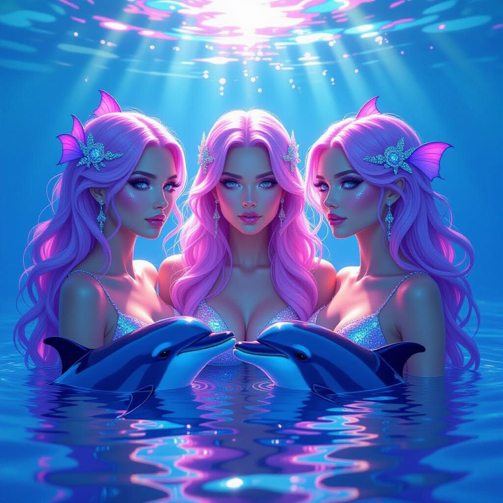 Neon Seahorse Women in Psychedelic Sea, Dreamy Surrealism