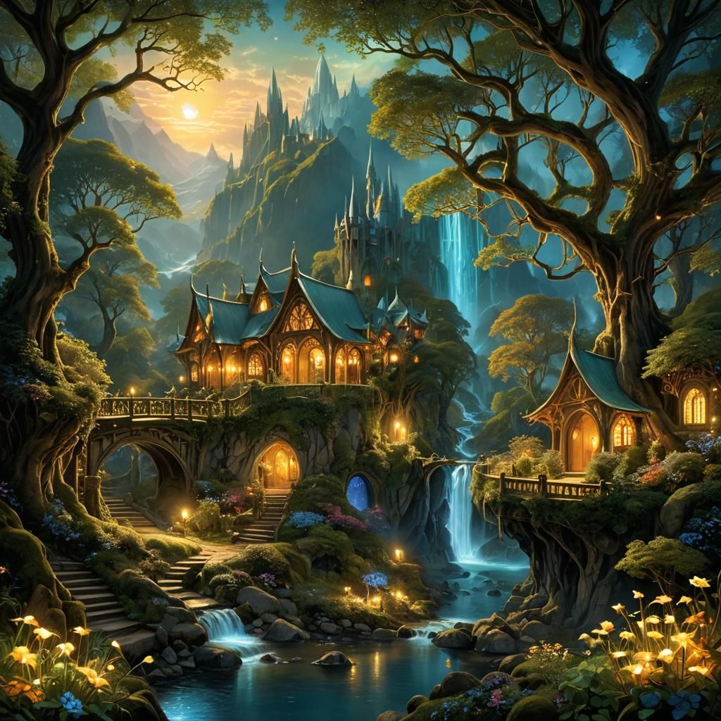 Luminous Rivendell: Bioluminescent Fantasy City