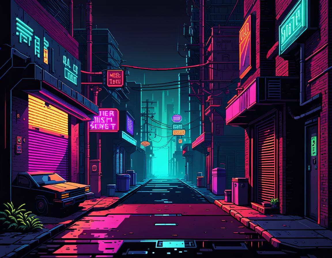 Neon Alleyway Pixel Art with Neo-Noir Style