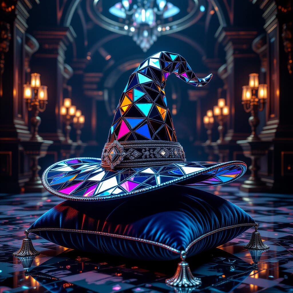 Surreal Witch Hat of Shattered Mirrors in Art Deco Showroom