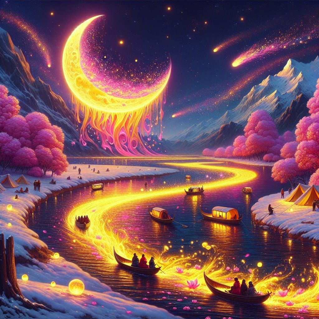 Vibrant Crescent Moon Illuminates a Magical River Landscape ...