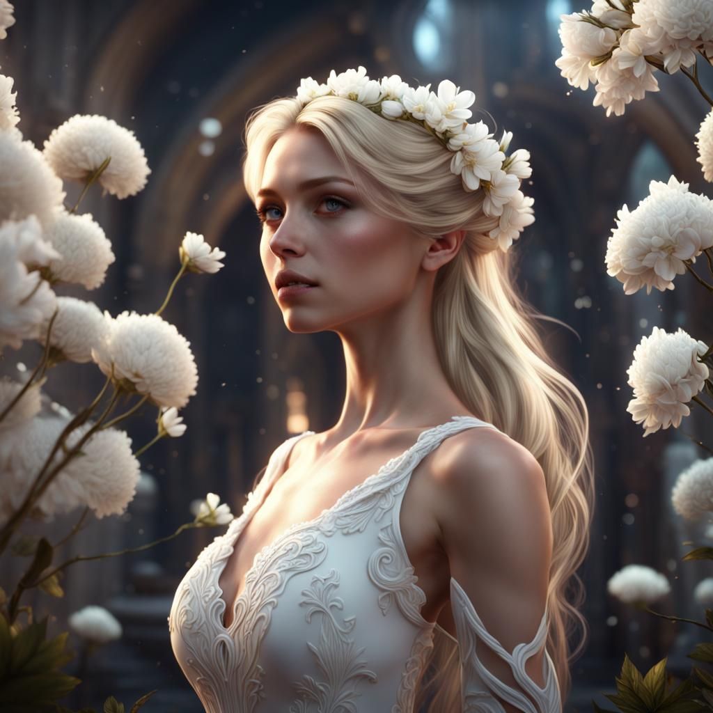 Blond Girl in White with Flowers: Fantasy Art