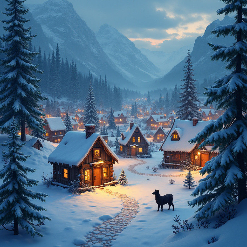 Winter Village Advent Calendar in Atmospheric Matte Painting