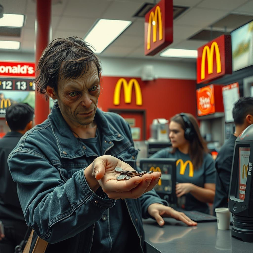 Stark Portrait of a Man in McDonald's, in Oil on Canvas Styl...