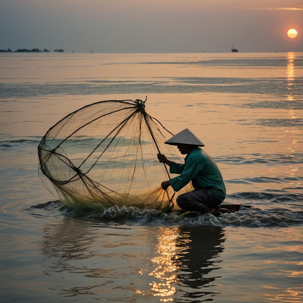 Vietnamese Fisherman Casting Net at Sunrise