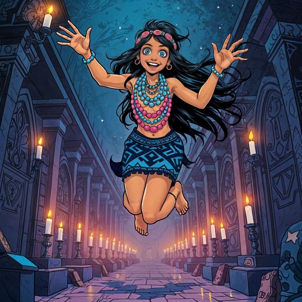 Aztec Woman Leaps in Mausoleum, 80s Cartoon Style