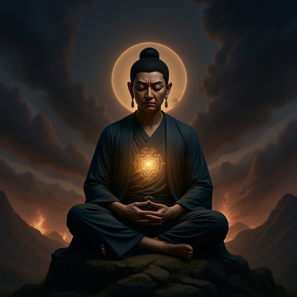 Buddha Overlooking Nuclear Earth Destruction in Matte Painti...