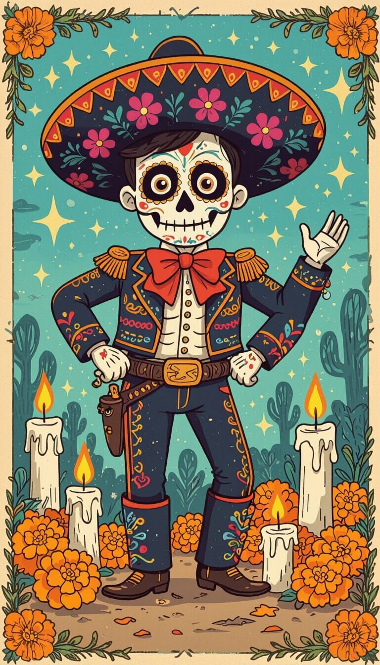 Day of the Dead Mariachi Cartoon in Whimsical Style