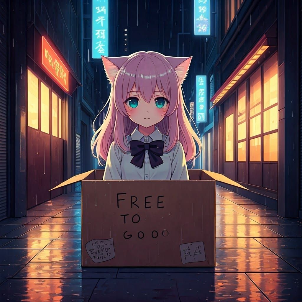 Whimsical Anime Cat Girl in Faded Cardboard Box