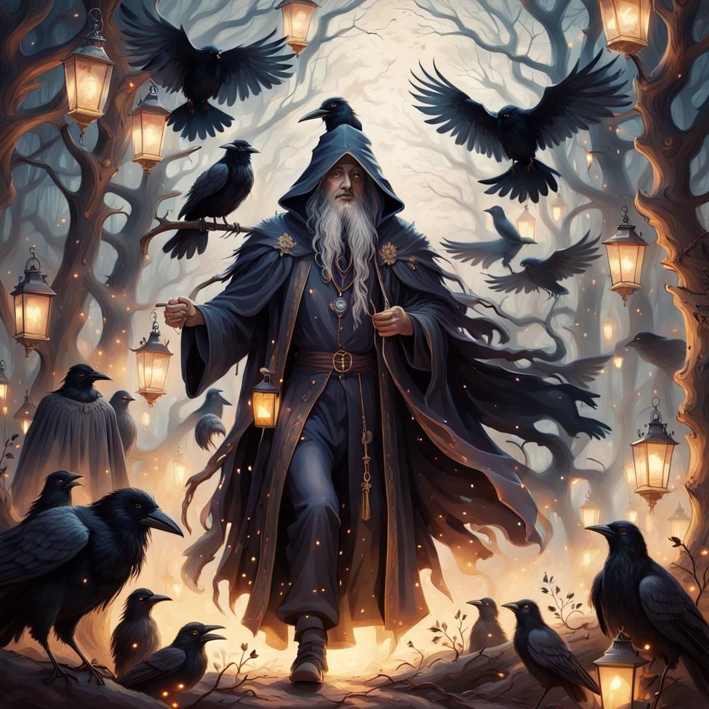 Mystical Wizard in Raven Mask Amidst Misty Forest