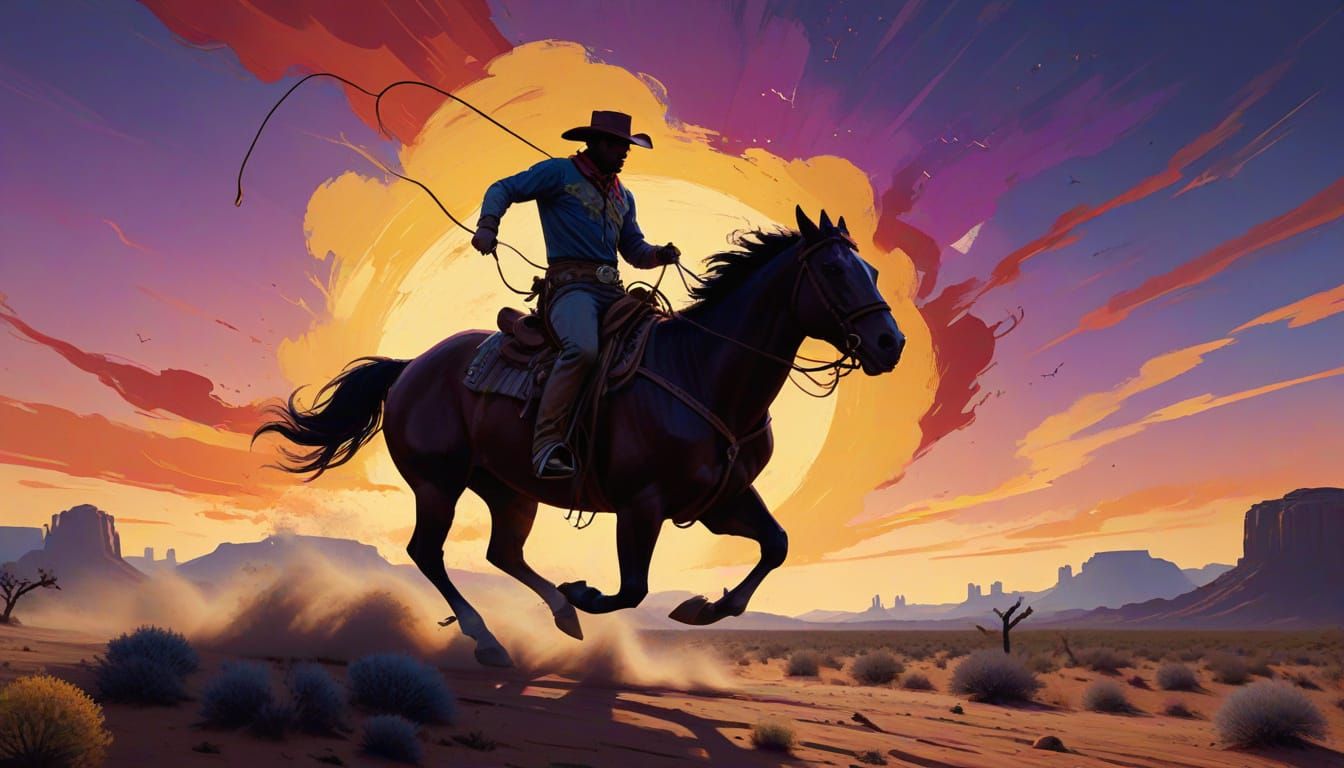 Cowboy Chases Bull in Vibrant Desert Landscape