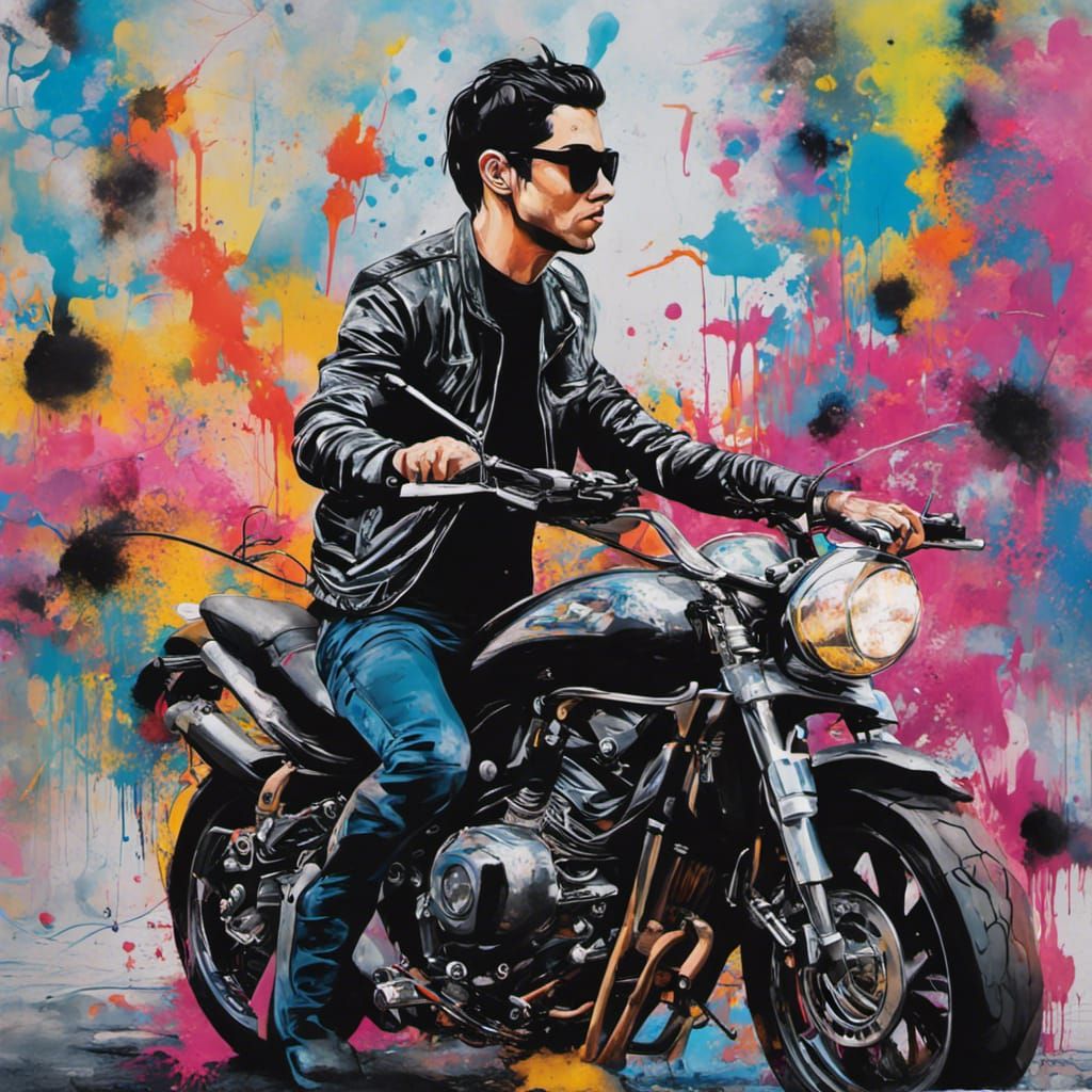 Motorcyclist with Vibrant Graffiti Splash Art Style