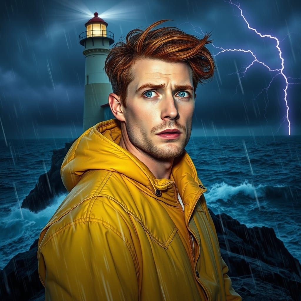 Worried Man in Storm by Lighthouse