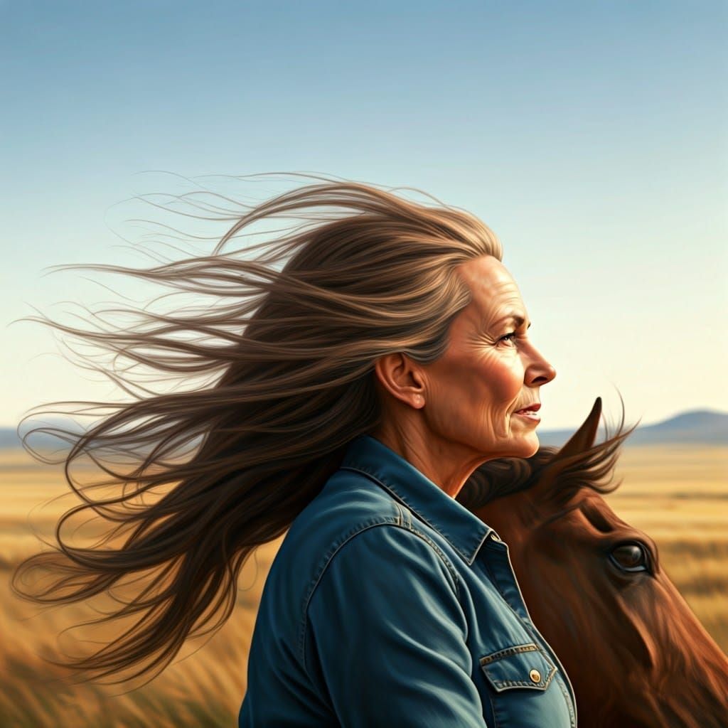 Woman Riding Mustang on Prairie Landscape