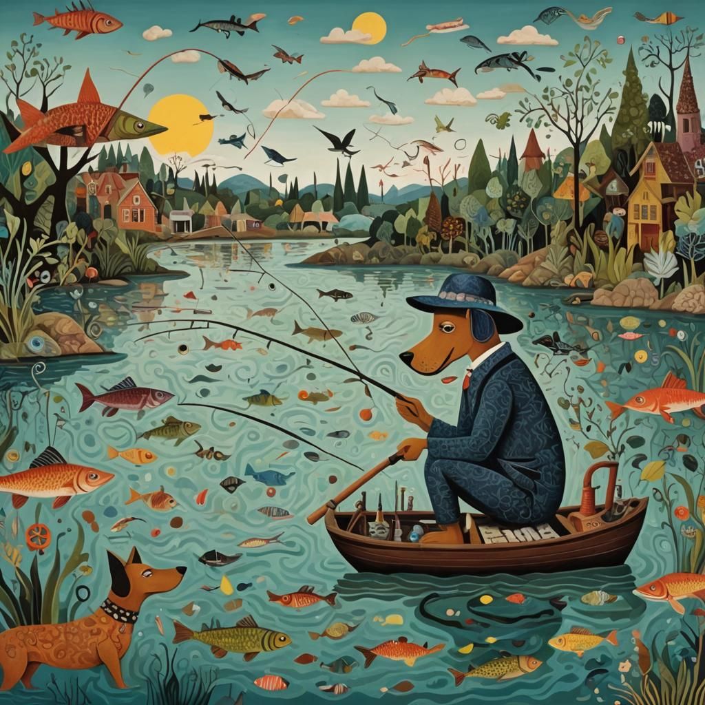 Whimsical Dog Fishing in 3D