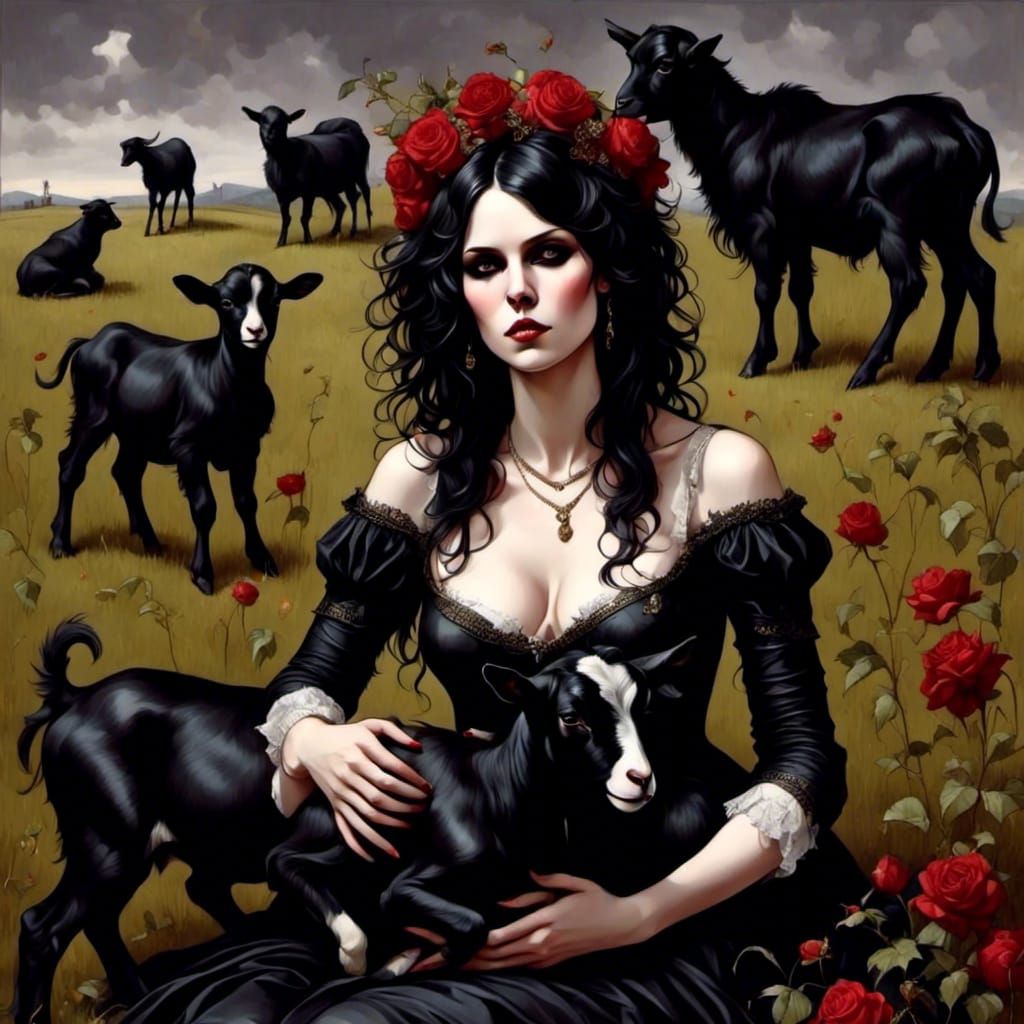 Girl Feeding Goats in Pasture