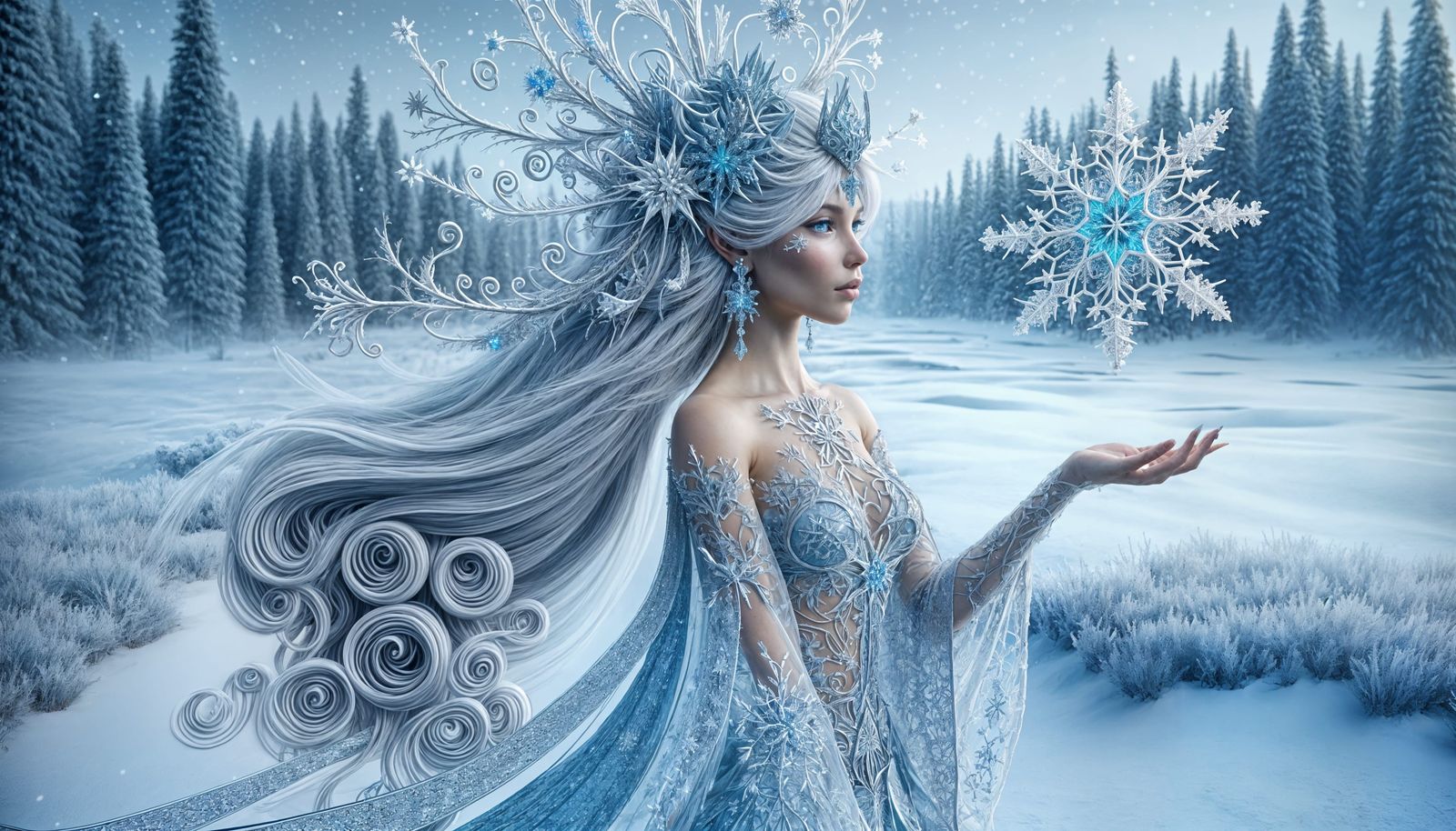 Winter Goddess Embodied in Snowflakes and Frosty Wilderness