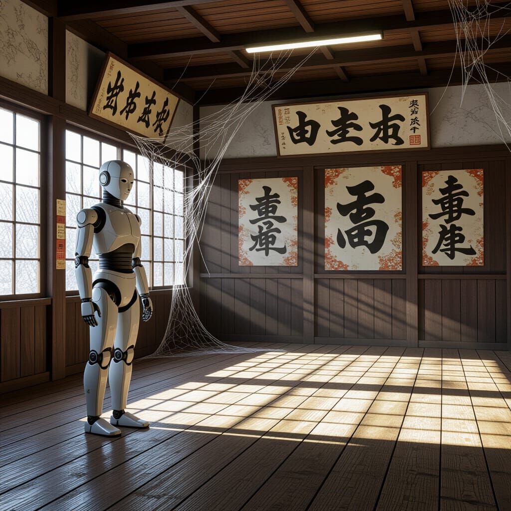 Abandoned Dojo with Modern Dummy, in Syd Mead Style