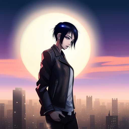 Gothic Punk Woman in Anime Style Cityscape