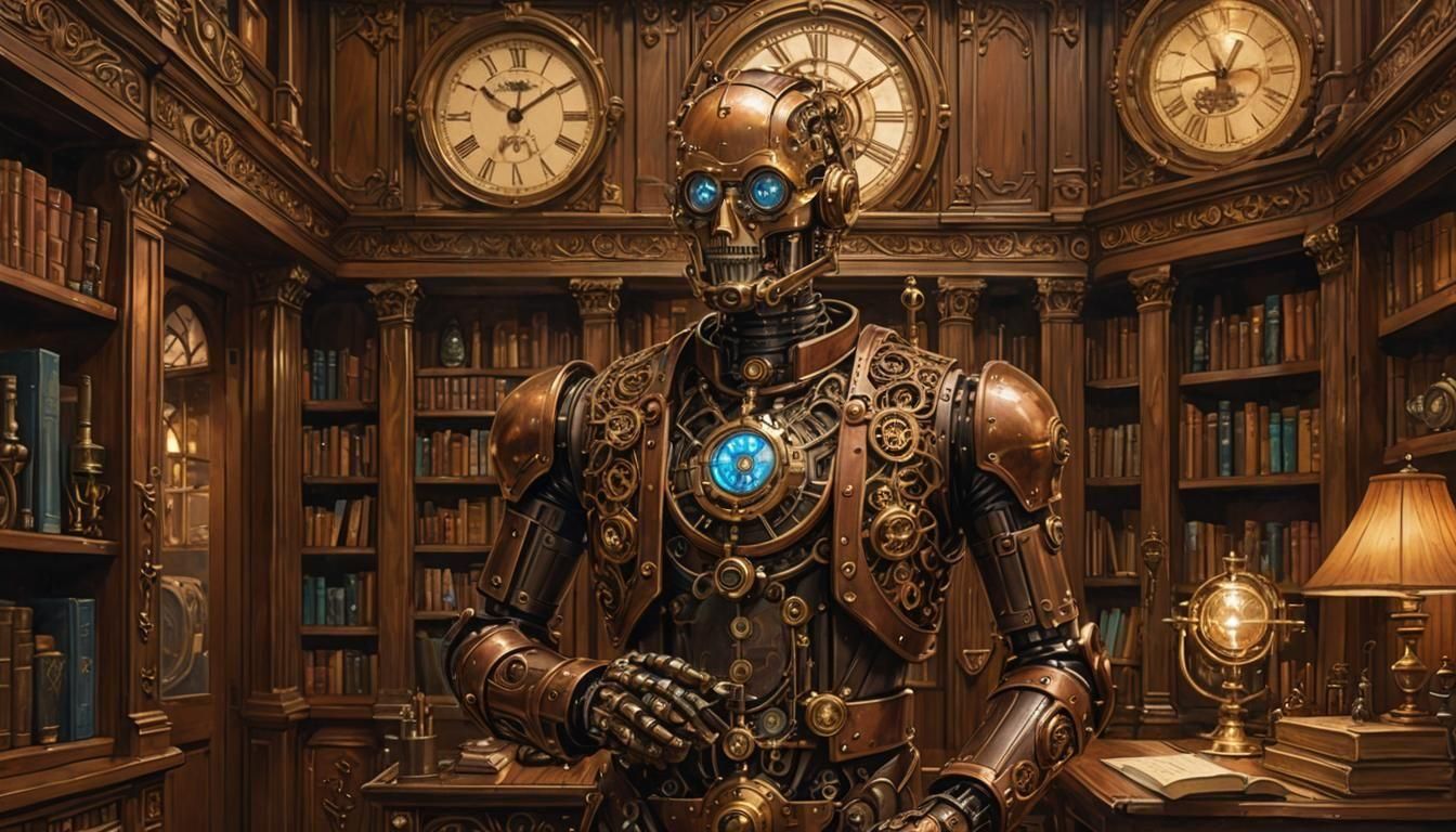 Steampunk Clockwork Butler in Ornate Library