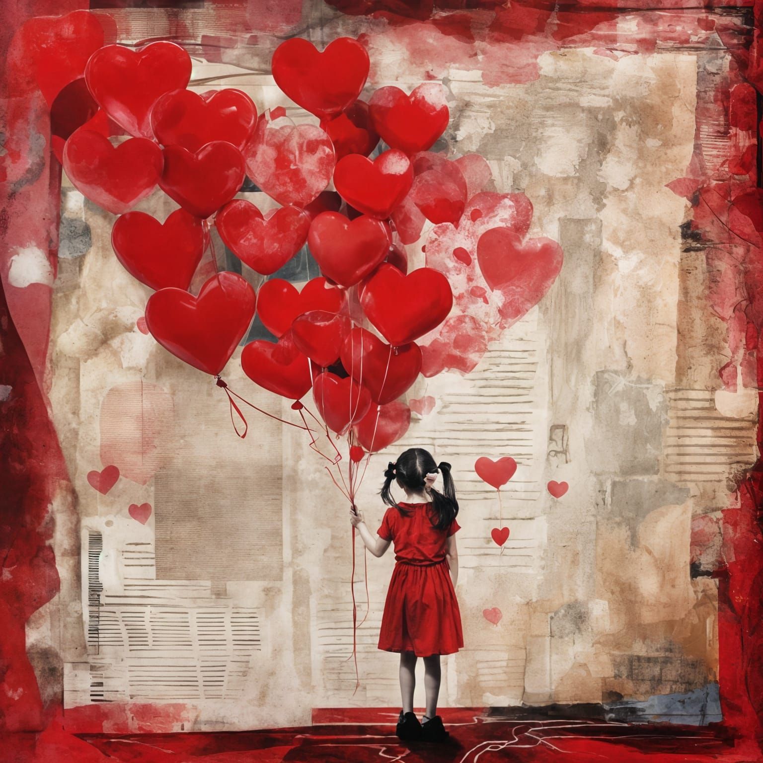 Girl Holds Red Heart Balloons