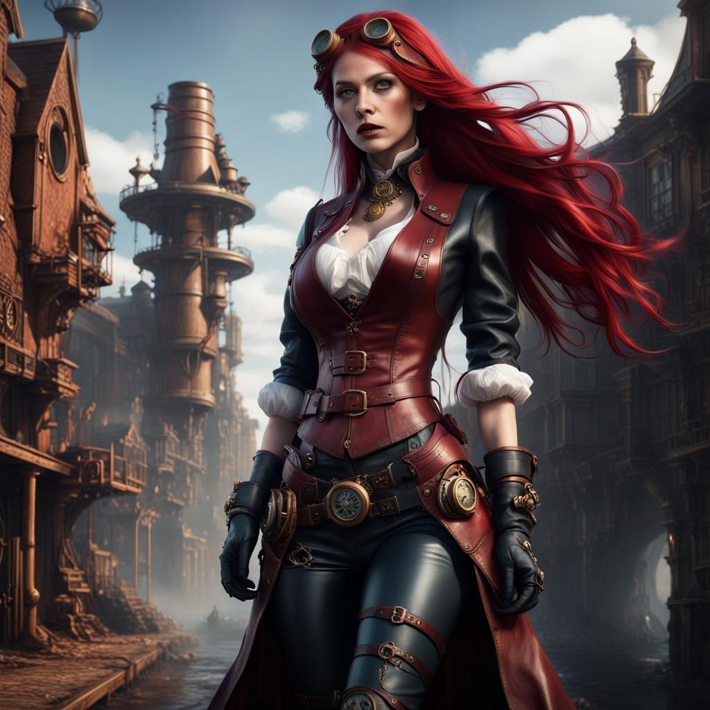Steampunk Woman with Red Hair in Leather Boots