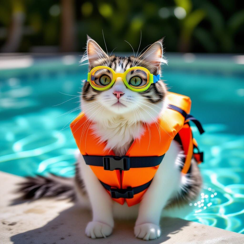 Cat Ready for Summer Swim in Bright Life Jacket
