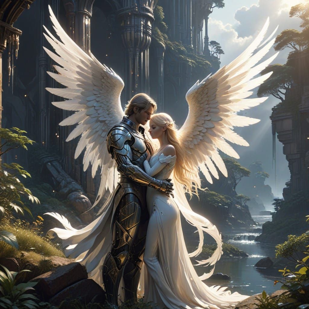 Angel Guardian Cradles Radiant Goddess in Ethereal Cloudscap...