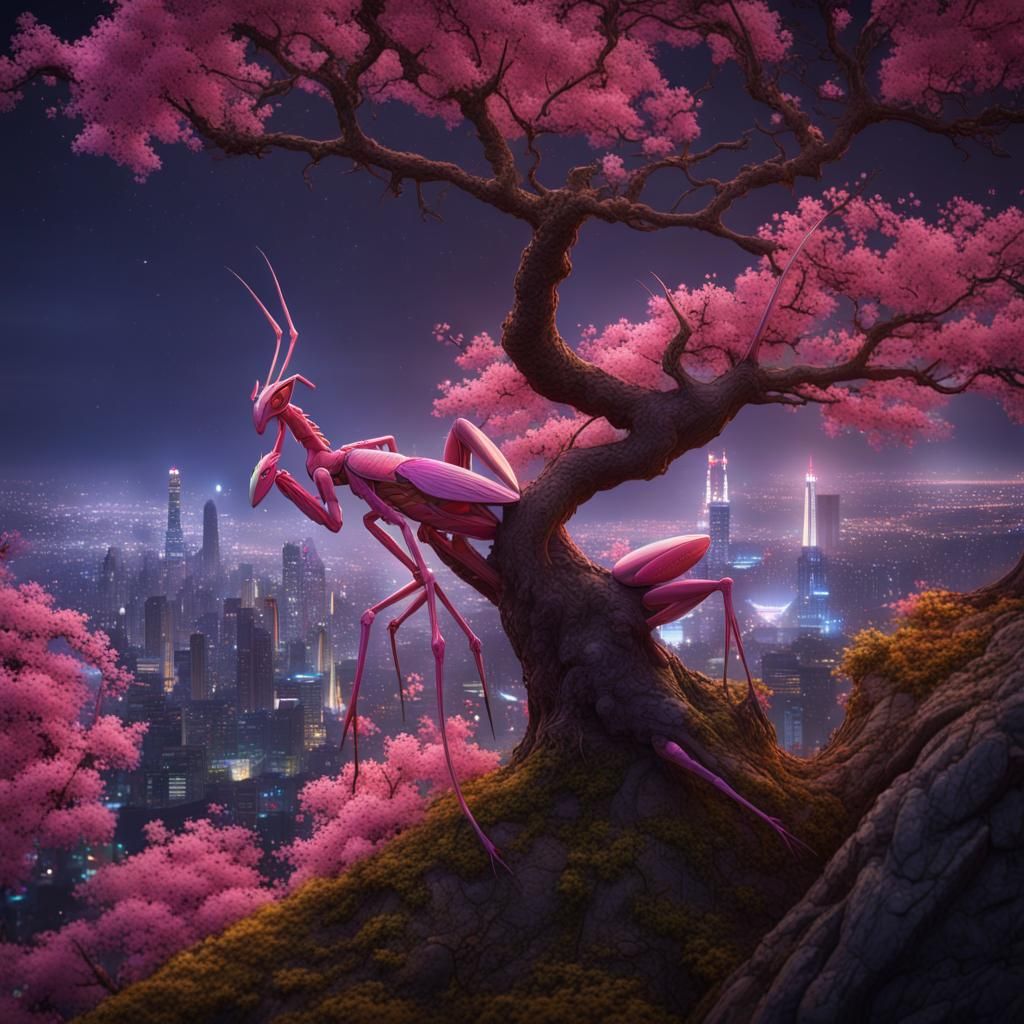 Pink Mantis Observes a Colorful Night City