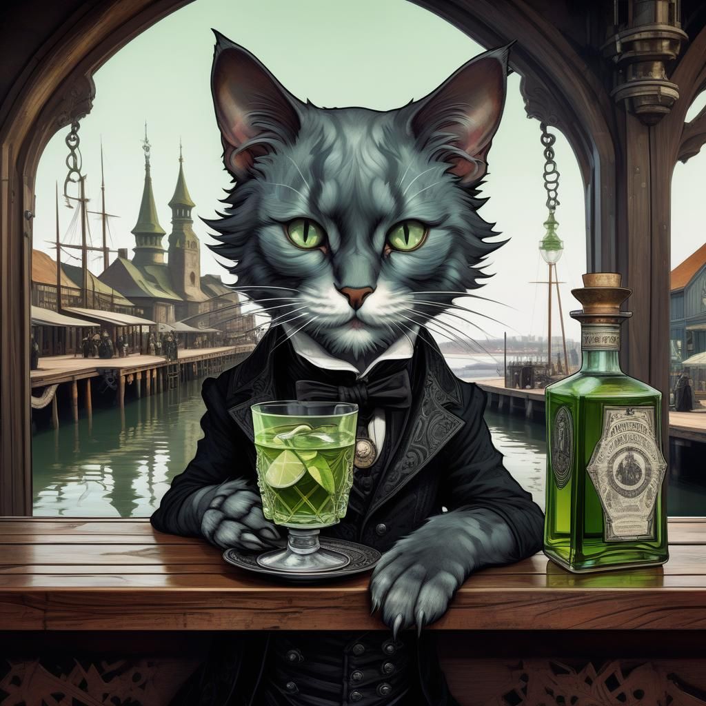 Goth Kitten Drinking Absinthe: Art Nouveau Portrait