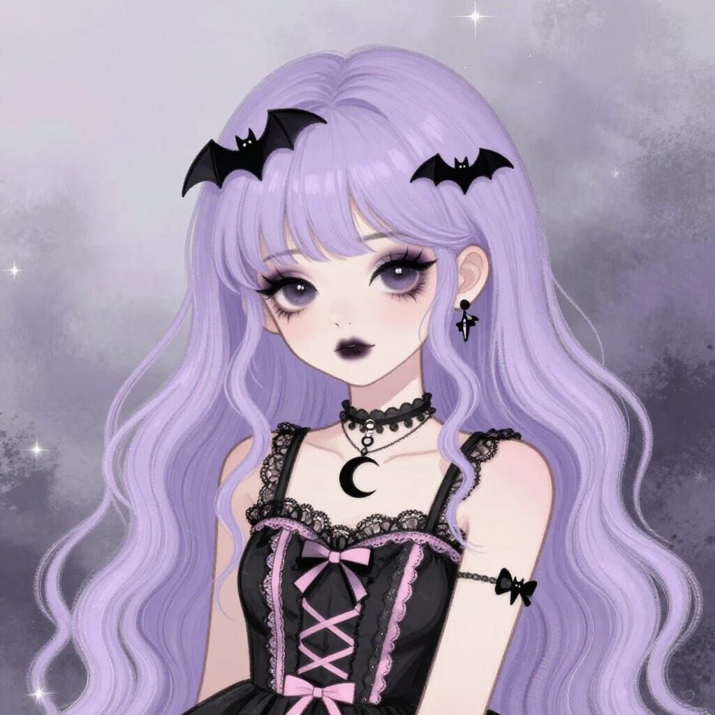 Pastel Goth Girl with Lavender Hair and Moon Charms