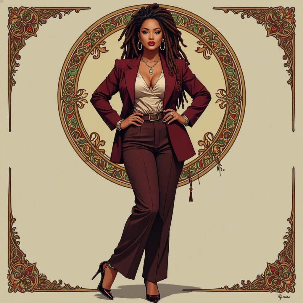 Confident Curvy Woman in Burgundy Blazer, Art Nouveau Style