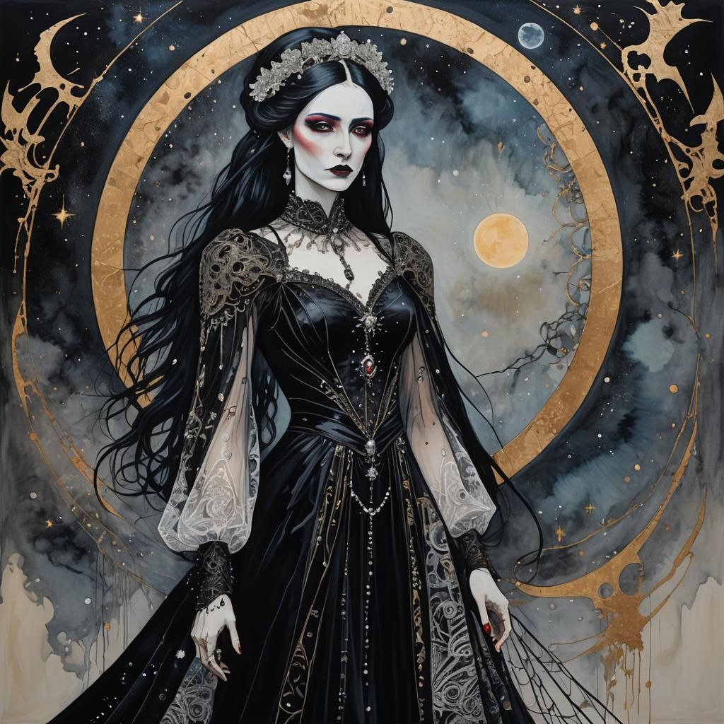 Gothic Woman in Black Dress: A Cosmic Goddess Portrait
