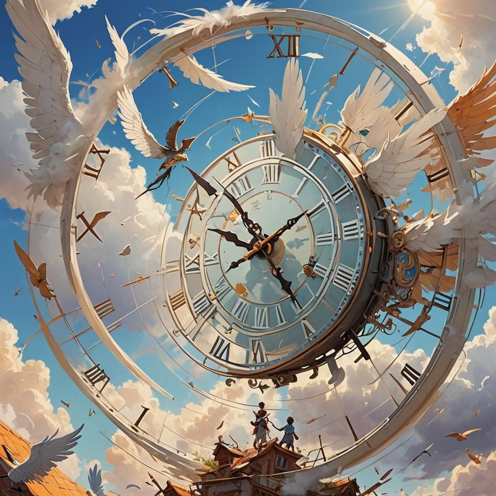 Whimsical Clock Soars Through Sunny Sky