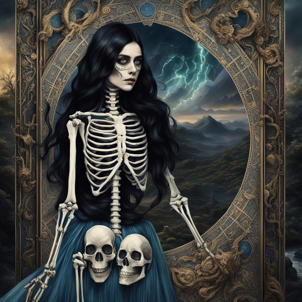 Woman and Skeleton Emerging from Tarot Card