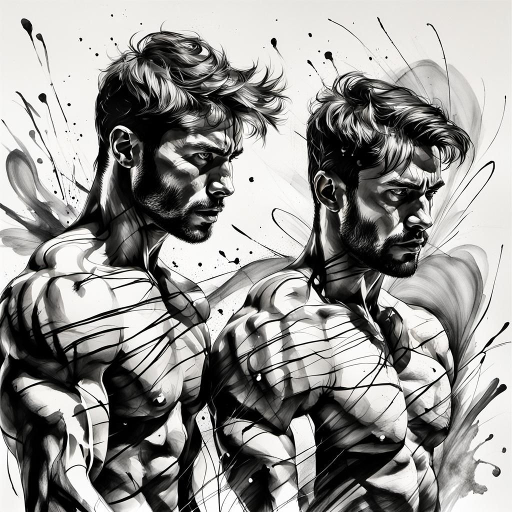 Dynamic Portrait of Two Men in Mixed Media