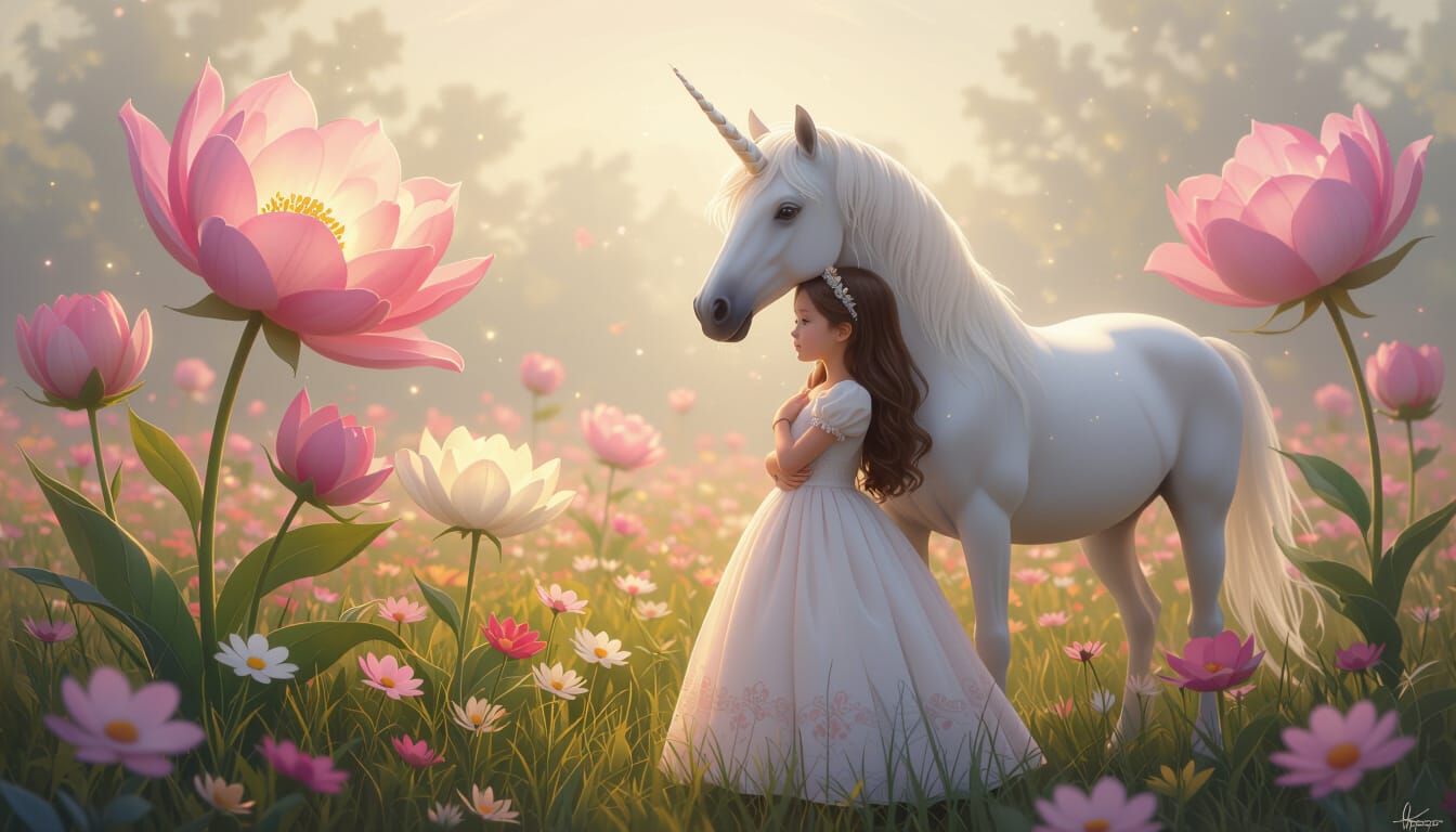 Princess Hugs Unicorn in Enchanted Flower Field