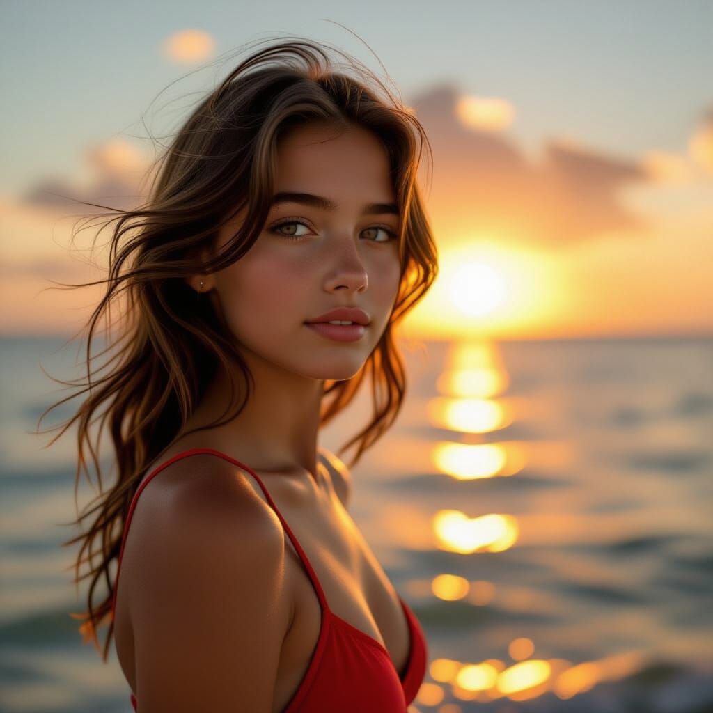 Teenage Girl in Red Swimsuit at Golden Hour Ocean Sunset