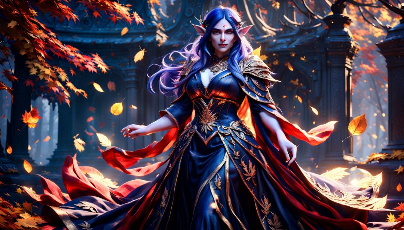 Night Elf Woman in Autumn Landscape, Hyperrealistic Portrait