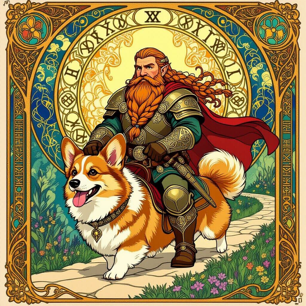 Gimli Rides Corgi on Tarot Card in Art Nouveau Style