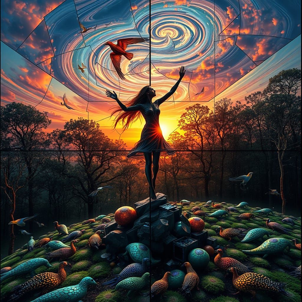 Surreal Fragmented Sculpture of Woman by Sunset