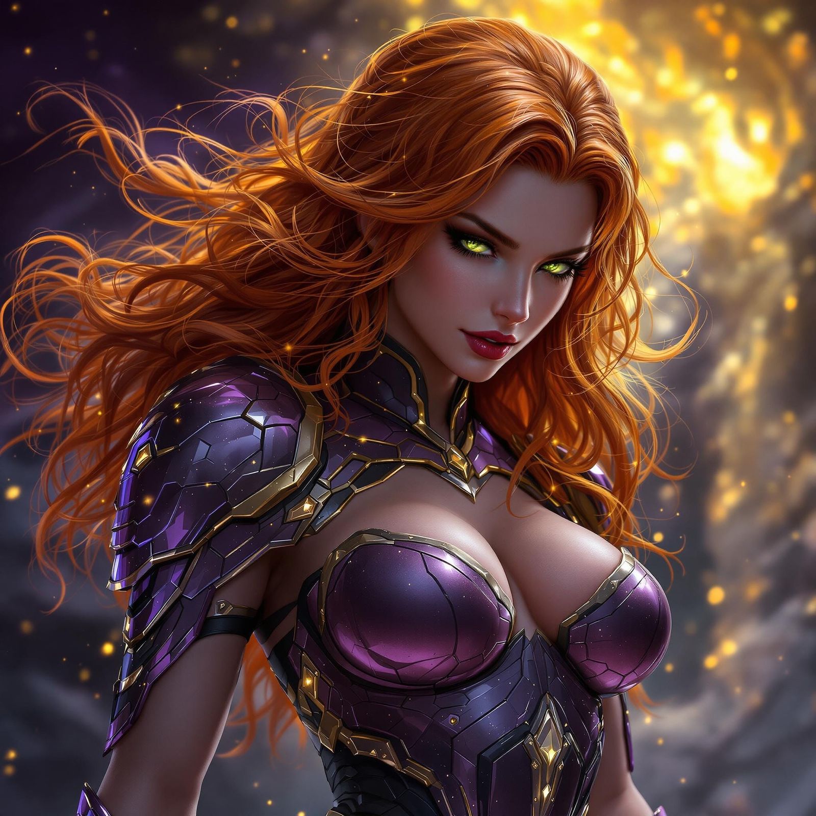 Ethereal Warrior in Latex Armor, Ginger Hair, Green Eyes, an...