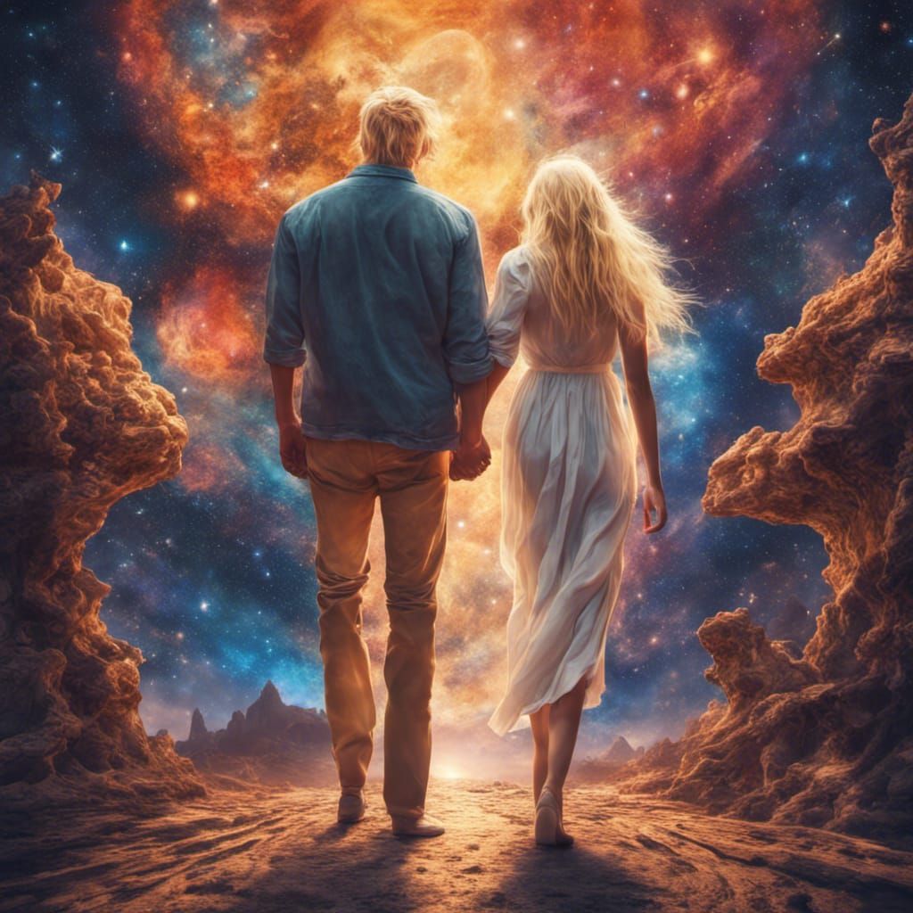 Celestial Space Art: Blonde Couple in Impasto Painting