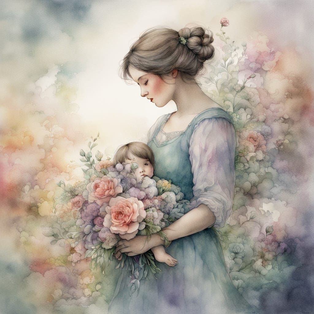 Ethereal Watercolour of Mother Holding Daughter with Flowers