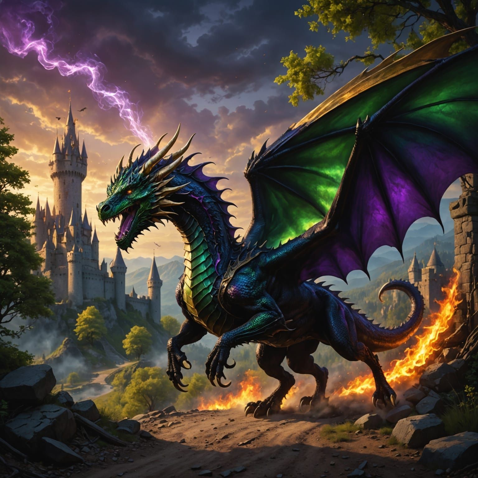 Dragon soars over medieval castle amidst pine trees on a dir...