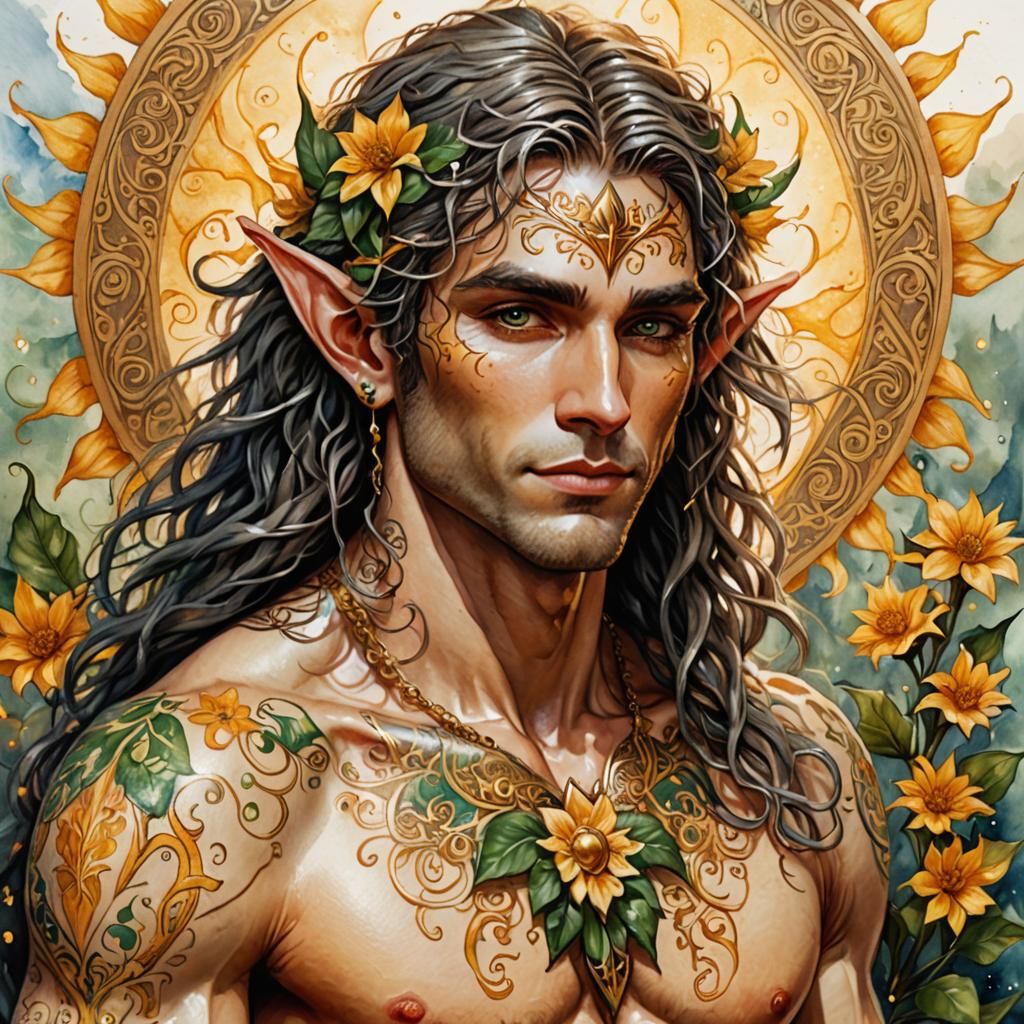 Handsome Summer Elf with Golden Tattoos and Flowers