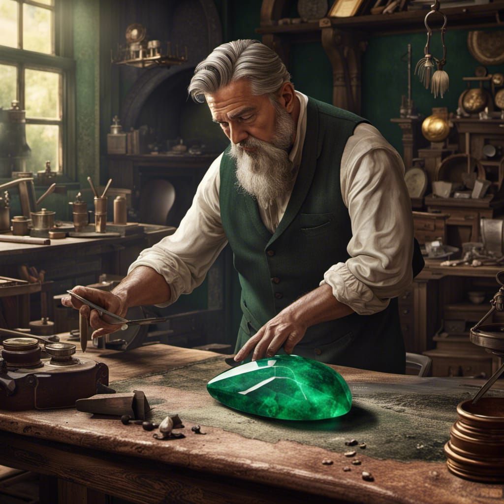 Craftsman Polishing Emerald Stone, Detailed Matte Painting