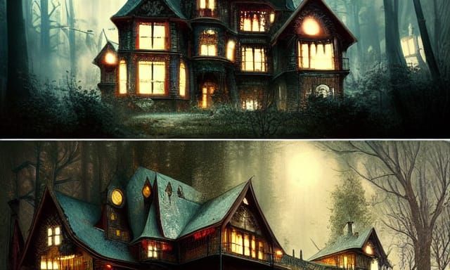 Intricate Victorian House Floating in Sinister Woods