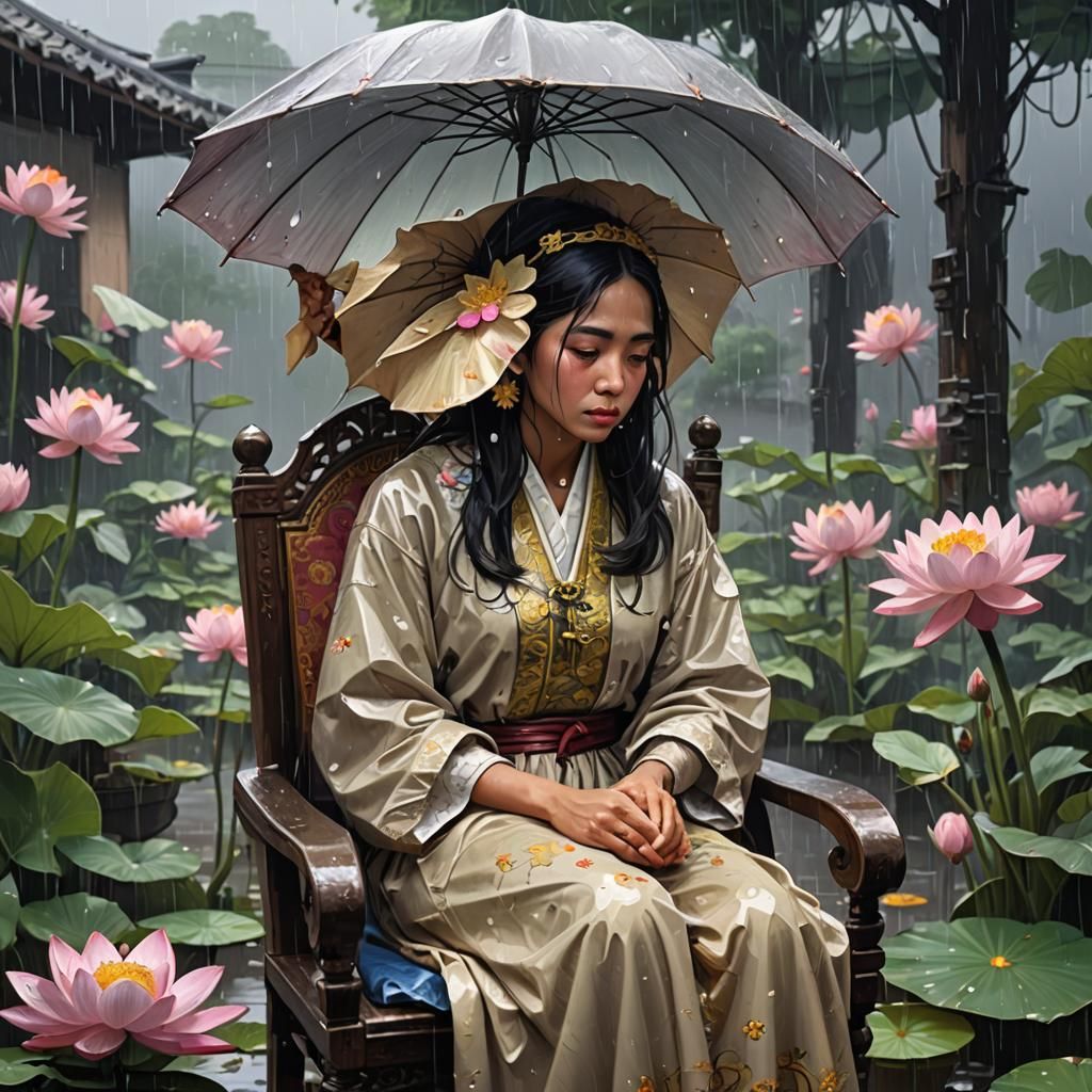 Woman in Rain with Lotus Flower, Hyperrealistic Artwork