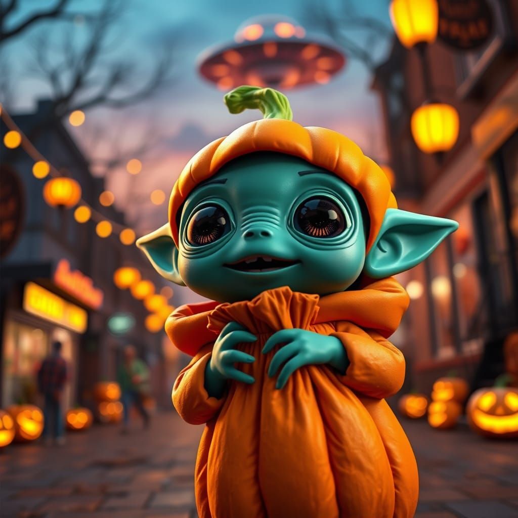 Adorable Alien in Pumpkin Costume, 3D Digital Art